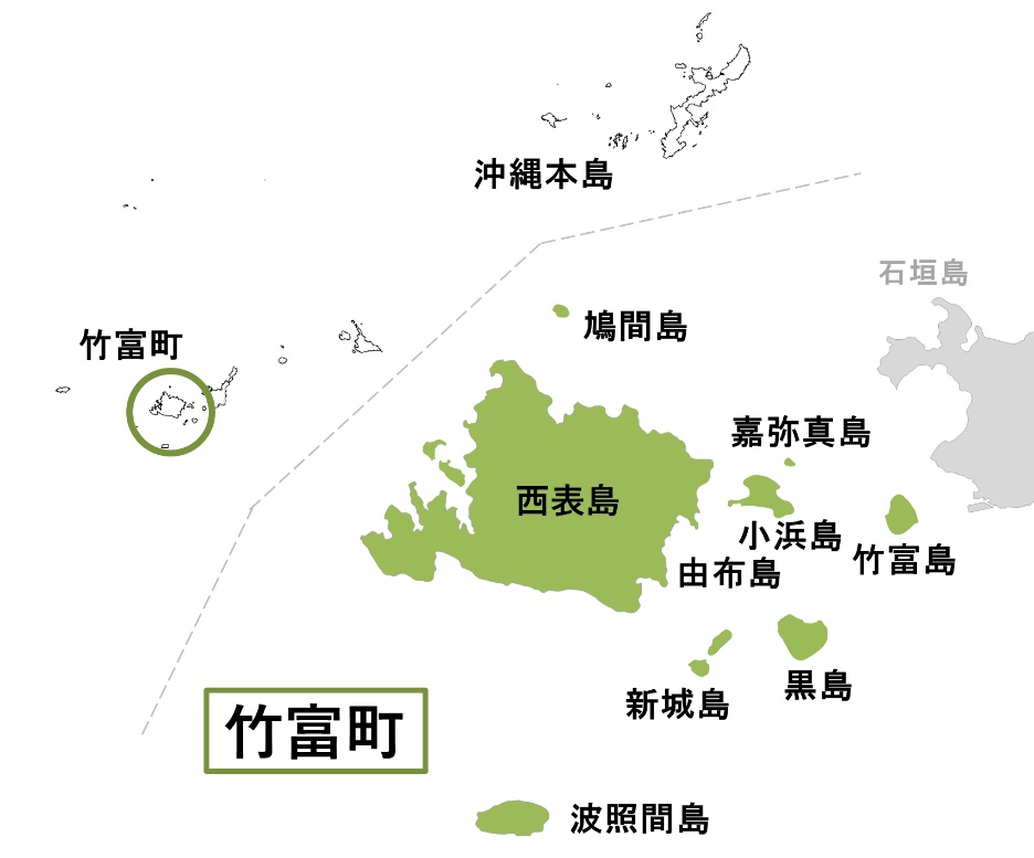 図:西表島をはじめとする複数の離島で構成される竹富町