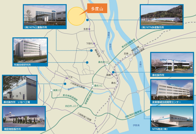 桑名地区におけるNTNの拠点と多度山の位置